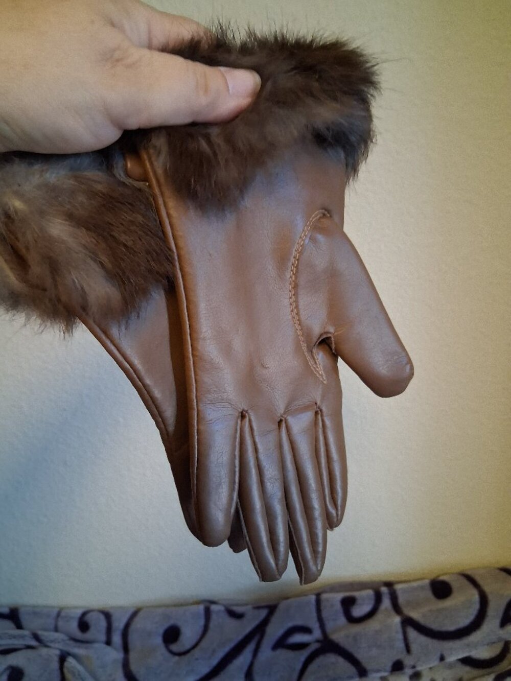 Van Raalte Gloves Womens Size A Brown rabbit Fur Trim Lined Winter faux leather
